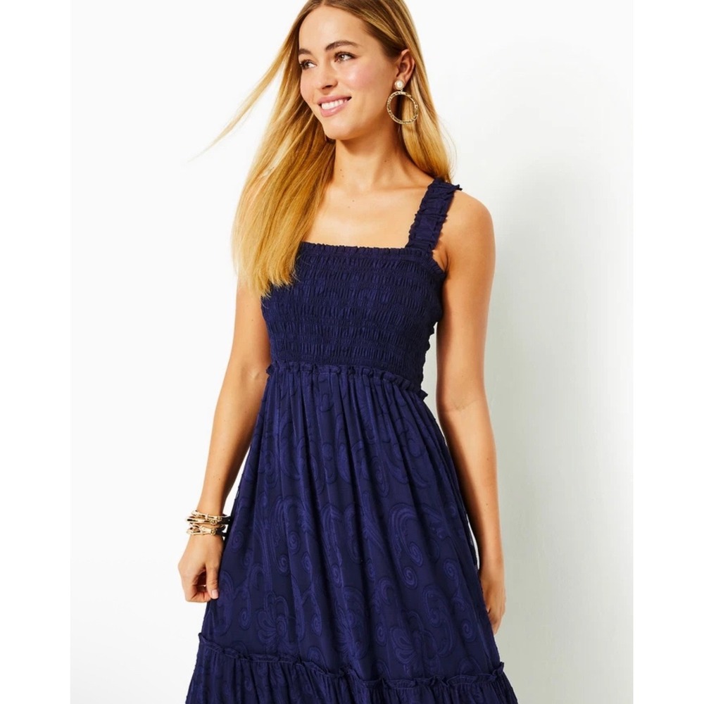 Lilly Pulitzer Hadley Smocked Maxi  Dress Small Navy Blue Paisley Preppy Tiered - Picture 11 of 12